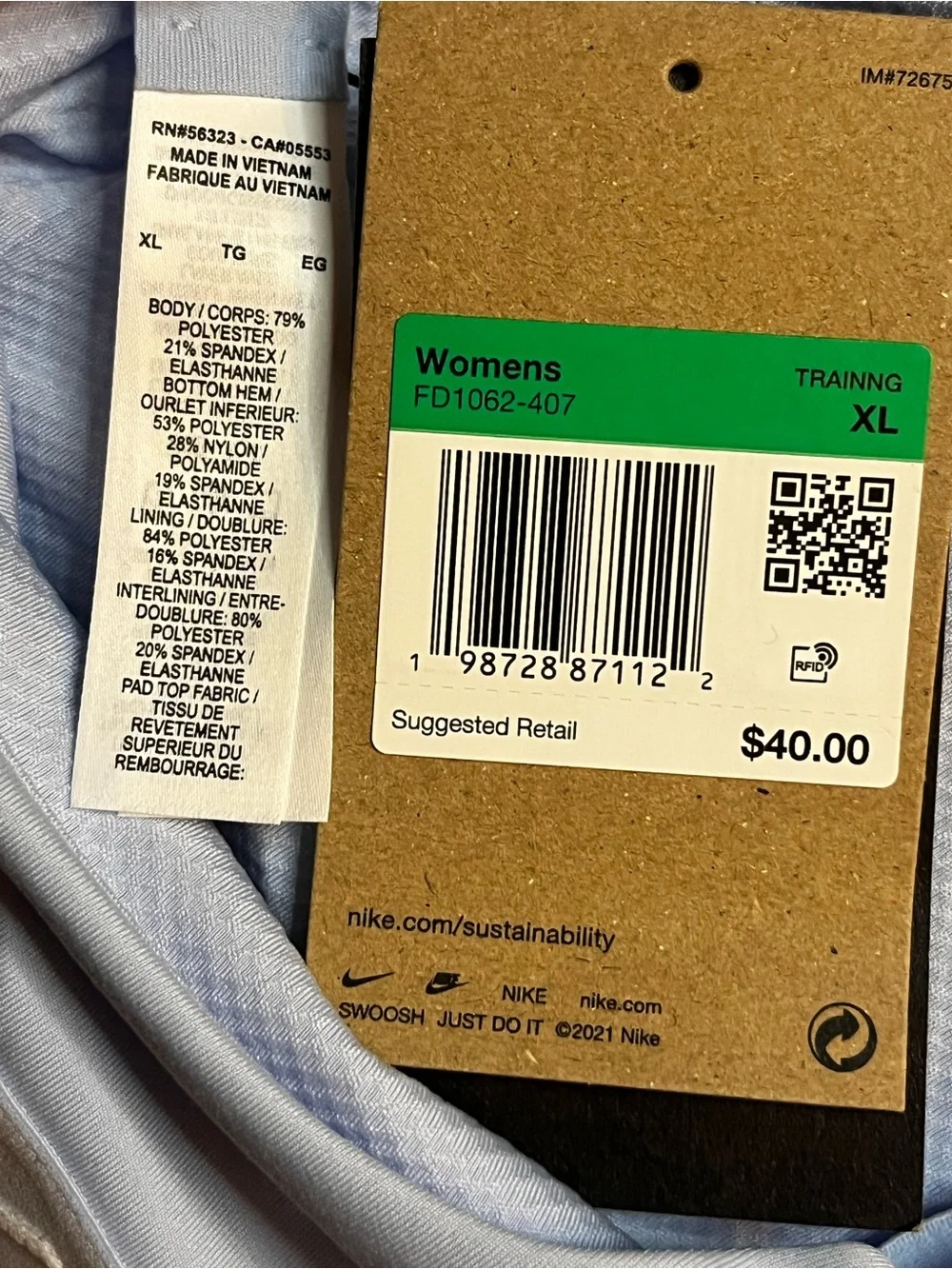 Nike Indy Women’s XL Light Support Padded Adjustable Sports Bra Light Blue